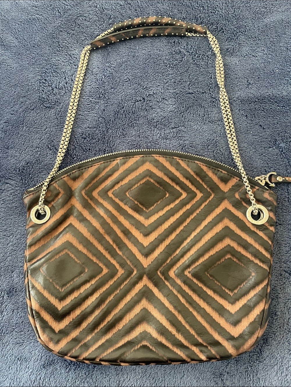 Henri Bendel.Brown Geometric Pattern Shoulder Bag with Chain Strap